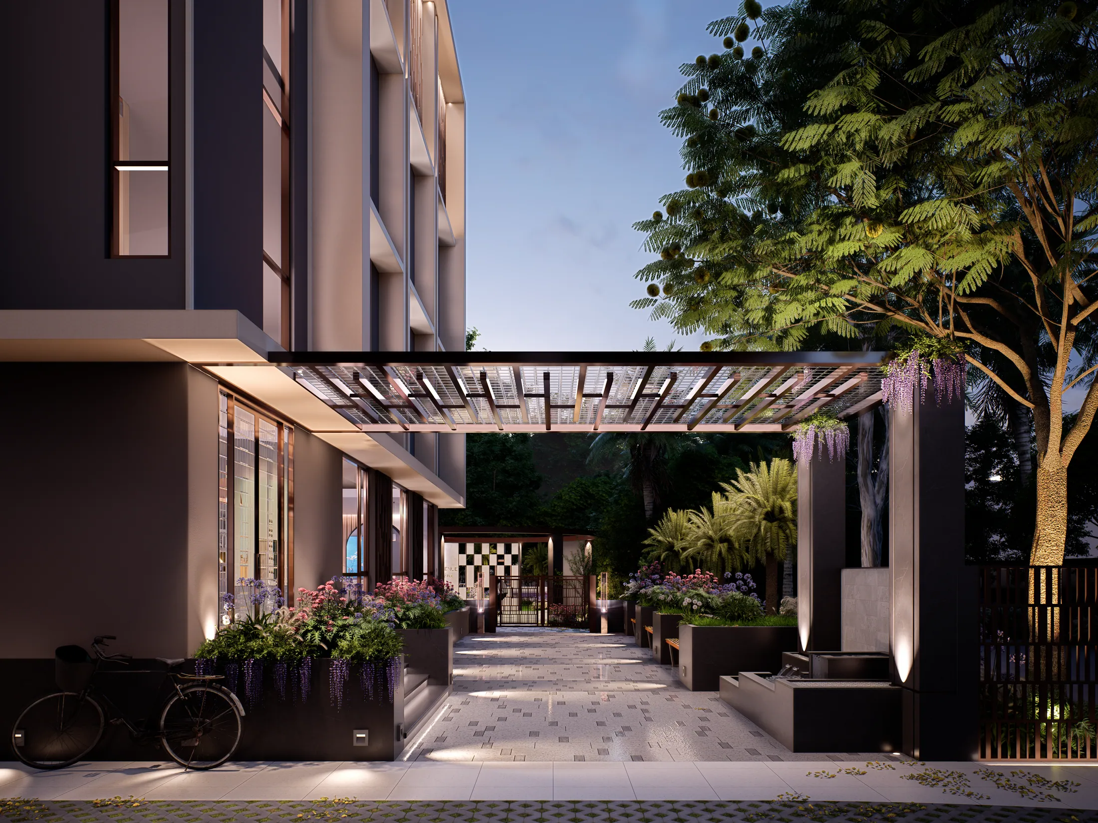 Pearl Avenue clubhouse entrance at dusk